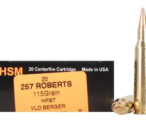 Specifications Product Information Cartridge 257 Roberts Grain Weight 115 Grains Quantity 20 Round Muzzle Velocity 2955 Feet Per Second Muzzle Energy 2230 Foot Pounds Bullet Style Jacketed Hollow Point Bullet Brand And Model Berger Hunting VLD (Very Low Drag) Lead Free No Case Type Brass Primer Boxer Corrosive No Reloadable Yes G1 Ballistic Coefficient 0.466 Sectional Density 0.249 Velocity Rating Supersonic