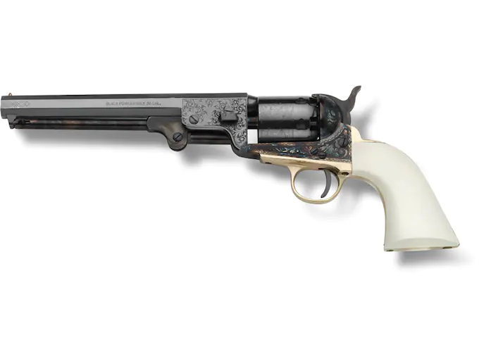 Pietta 1851 Navy Deluxe Engraved Black Powder Revolver 36 Caliber 7.5" Barrel Case Hardened Steel Frame Ultra Ivory Grip Blue