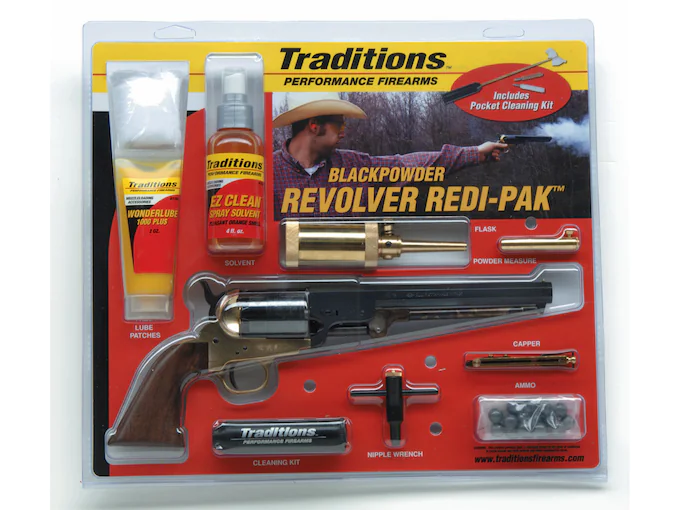 Traditions 1851 Navy Redi-Pak Black Powder Revolver 44 Caliber 7.375" Blued Barrel Brass Frame Walnut Grips