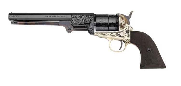 Pietta 1851 Navy Deluxe Black Powder Revolver 44 Caliber 7.5" Barrel Brass Engraved Frame Checkered Brown Poly Grip Blue