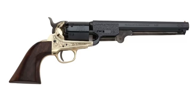 Pietta 1851 Navy Deluxe Black Powder Revolver 44 Caliber 7.5" Barrel Brass Engraved Frame Wood Grip Blue